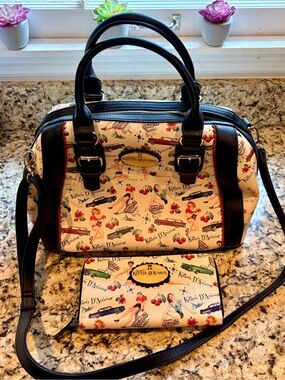 Kitten D'Amour Cream Retro Print Satchel with Black Trim with Wallet